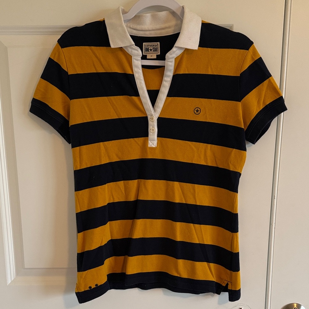 Y2K Converse Striped Polo Shirt | Yellow Blue Retro Rugby Style Top medium